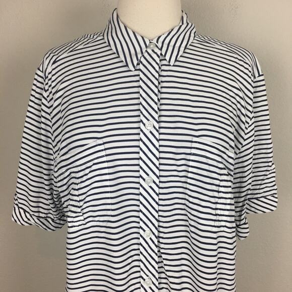 Chico's Navy  White Stripe Button Front Short Sleeve Top 2 - Picture 2 of 6